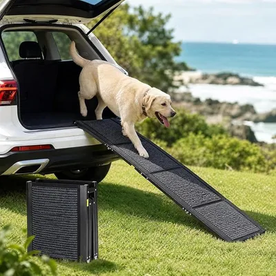 Imagen del producto de Rampa para perros para coche, de 170 cm de largo x 43,2 cm de ancho, superficie antideslizante, aluminio. Rampa para mascotas para coche, SUV, camión. Escaleras para perros, rampa para puerta lateral, rampas plegables para perros grandes