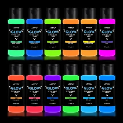 Immagine prodotto di Colori fluorescenti - Set di vernici luminescenti con 12 colori brillanti da 60 ml ciascuno - Vernice acrilica che si illumina al buio