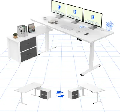 Produktbild von FLEXISPOT 160 x 70 cm Höhenverstellbarer Schreibtisch elektrisch höhenverstellbar L-förmig mit Schubladen&Stauraum umkehrbar Steh-Sitz Tisch weiß