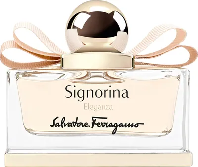 A close-up studio shot of a Salvatore Ferragamo Signorina Eleganza eau de Parfum bottle.