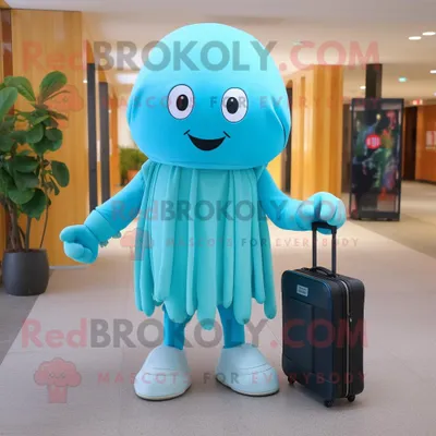 Productafbeelding van Cyan Jellyfish mascotte REDBROKOLY kostuum karakter gekleed met een parka en aktetassen