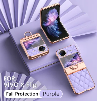 Produktbild von Leder Hülle für Vivo X Flip mit Ringhalterung, Luxus Glitzer Bling Überzug Scharnierschutz Handyhülle Lila