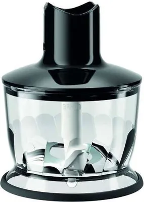 A close-up studio shot of a black and clear food chopper attachment for a hand blender.