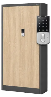 Produktbild von Aktenschrank Metallschrank mit Zahlenschloss Büroschrank Flügeltüren Stahlblech 4 Einlegeböden 185 cm x 90 cm x 40 cm anthrazit / Eiche Sonoma