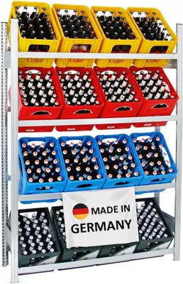 Produktbild von Getränkekistenregal Magnus Germany | HxBxT 185x136x34cm | 16 Kisten auf 4 Ebenen | Verzinkt | Freistehendes Kistenregal Kastenregal Getränkekregal Kistenständer