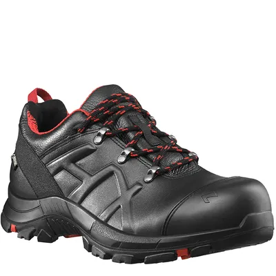 A black and red safety shoe is shown against a white background.
