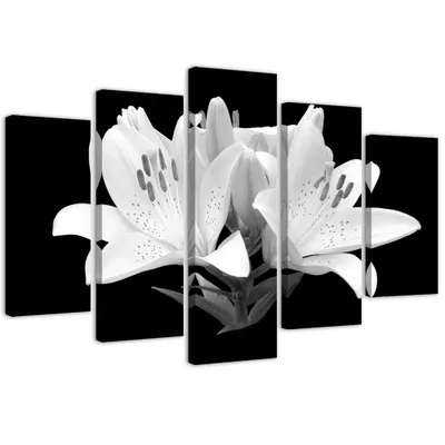Produktbild von 5-teiliges leinwandbild weiße lilien 200x100 cm Feeby grau wandbild bereit zum aufhängen