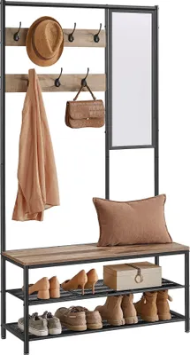 A coat rack with a bench and shoe storage, featuring a mirror and hooks for coats and hats.