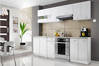 A modern white kitchen with a built-in oven, sink, and cabinets.