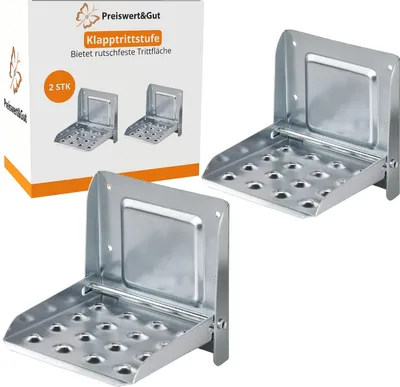 Produktbild von ProPlus 2 Stück Trittstufe, 175x150 mm, rutschhemmend, bis 150 kg belastbar, verzinkt, mit Aufklappsperre und vorgebohrten Löchern (Lochabstand 14,6 cm) für Wohnmobil