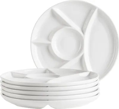 A stack of white ceramic fondue plates and one plate on top, against a white background.