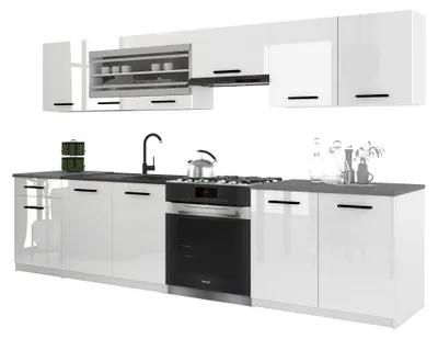Image de Belini - Coin cuisine moderne ITALIA 4 - Meubles de cuisine 260 cm, blanc brillant - Cuisine équipée avec éléments hauts, éléments bas et plans de travail