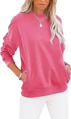 Produktbild von ASKSA Damen Pullover Rundhals Langarm Sweatshirt Casual Lose Einfarbige Herbst Winter Oberteile Oversize Tops, Tiefrot, XL