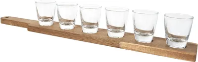 Produktbild von Holztablett mit 6 Shotgläsern – 42 x 6 x 8 cm – Shotgläser – Barzubehör – Schnapsgläser – Geschenk – Braun
