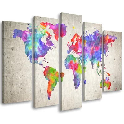 Produktbild von 5-teiliges leinwandbild weltkarte farbe 100x70 cm Feeby farbe wandbild bereit zum aufhängen