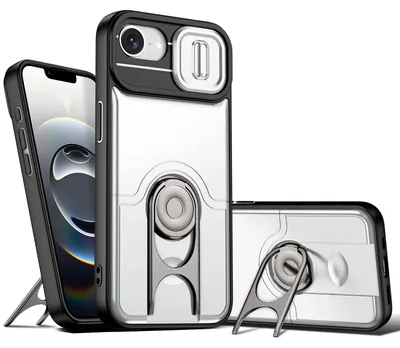 Image de Coque pour iPhone 16e / iPhone 17e avec protection pour l'appareil photo et anneau-support, coque hybride antichoc, couleur argent