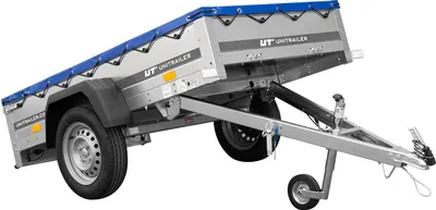 A silver utility trailer with a blue tarp cover, shown from a diagonal angle against a white background.