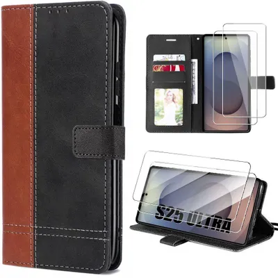 Image de Coque + 2 Verres Trempés pour Samsung Galaxy S25 Ultra, Protection Rabat Anti-Rayures Synthécuir Bicolore Marron