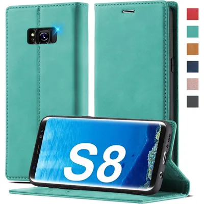Image de Étui en cuir vert pour Samsung Galaxy S8, avec fonction support et compartiments pour cartes