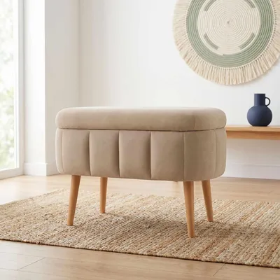 Productafbeelding van Hanah Home, hoogwaardige poef (beige) gemaakt van 100% melamine, afmetingen 60x46x35 cm, vulling van 18D-schuim