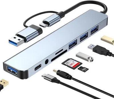 Immagine prodotto di Hub USB 8 in 1 in alluminio con USB-C, lettore di schede SD/TF e porta audio