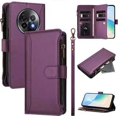 Obrázek produktu pro Pouzdro pro Realme 13 Pro/Realme 13+, zipem, peněženkovéPolyuretankožené flip pouzdro s kapsami na karty, stojánkem a poutkem na ruku Fialová