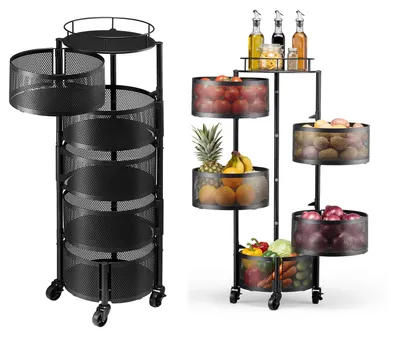 Produktbild von SucceBuy Gemüseregal Küchenwagen mit 5 Ebenen, Obst- und Gemüsekorb aus Metall, Rollbarer Drahtkorb-Organizer mit Rollen, Schwarzer Aufbewahrungswagen für Küche, Bad und Kinderzimmer