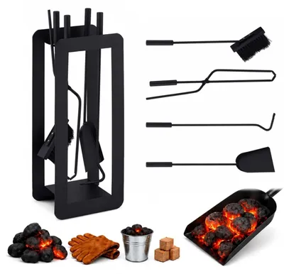 Produktbild von Relaxdays Kaminbesteck, 5-teiliges Set, Schürhaken, Ascheschaufel, Besen, Zange & Ständer, Kamingarnitur, Stahl, schwarz, KI-generiertes Bild