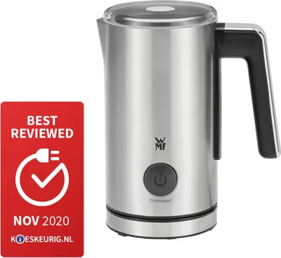 A silver milk frother with a black handle and a red badge on the left.