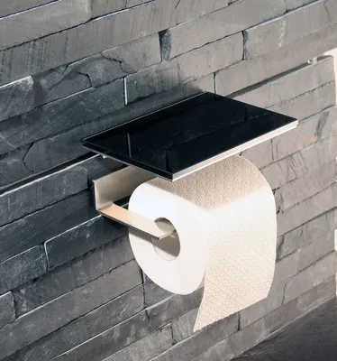 Produktbild von WC Rollenhalter aus Edelstahl/ Toilettenpapierhalter mit schwarzer Abstellfläche / Ablage aus Glas (1)