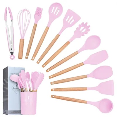 Produktbild von Omgoods – 12-teiliges Silikon-Kochgeschirr-Set mit Holzgriffen