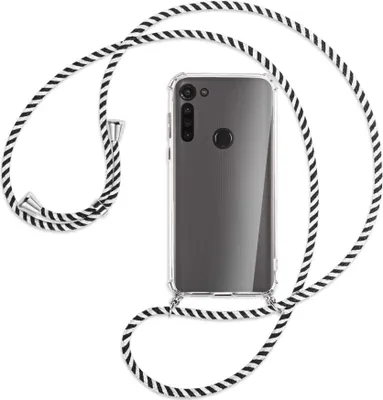 Produktbild von Handykette Backcover-Schutzhülle mit Band (Metall silberfarben) für Motorola Moto G8 - schwarz/weiß gestreift