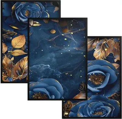 Produktbild von 3er-Set Poster für die Wohnzimmerwand. Wanddekoration: Blumen in Gold und Marineblau.