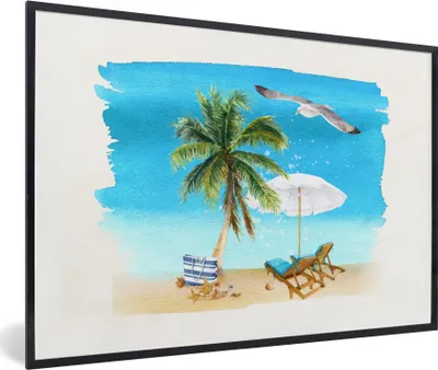 Produktbild von MuchoWow® MuchoWow® Gerahmtes Poster Strandkorb - Sonnenschirm - Palmen - Strand 90x60 cm - Poster mit zchwarzem Bilderrahmen - Fotorahmen - Foto-Plakat