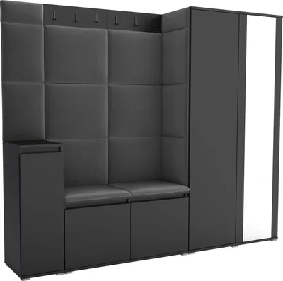 Produktbild von Garderoben-Set Noris VIII mit Spiegel, gepolsterte Garderobe 145 cm mit Schuhkommode, Wandpaneelen und Sitzbank (Farbe: Schwarz+ Trinity 15)