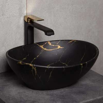 Produktbild von Kerra KR-707 Schwarz-goldener Design-Waschtisch aus Keramik mit Marmormuster