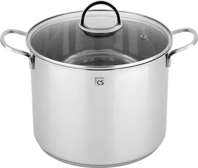 A stainless steel pot with a glass lid and handles.
