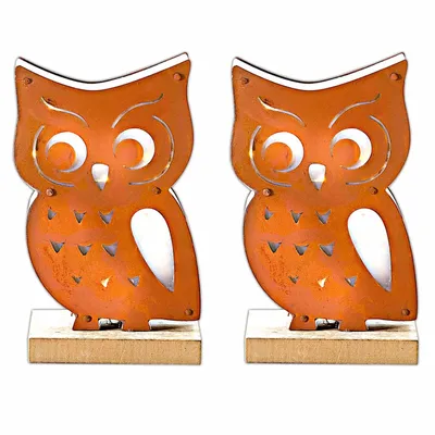 Produktbild von 2er Set LED Eule 18 cm Motivleuchte Leuchte Holz Beleuchtung Dekoration Metall Dekoleuchte Holzdeko Batteriebetrieb