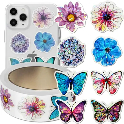 Productafbeelding van Stickers met bloemen en vlinders op een rol, 500 stuks, kleurrijke decoraties voor kinderen, geschikt voor knutselwerk