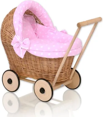 Produktbild von Puppenwagen aus Korbgeflecht – Spielzeugwagen aus Korbgeflecht – mit rosa weicher Polsterung und stabilem Holz