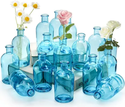 Produktbild von Set von 16 blauen Glasvasen für Blumen – Vintage dekorative Vasen für Tischdekorationen und Hochzeiten