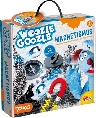 A product box for a Woozle Goozle Magnetism experiment kit, showing various magnetic components and a cartoon character.