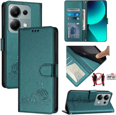 Produktbild von Leder Hülle für Xiaomi Poco M6 Pro 4G/Redmi Note 13 Pro 4G Süße Katze Flip Case Brieftasche Schutzhülle mit Standfunktion Grün