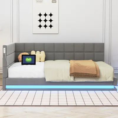 Produktbild von MODFU Schlafsofa Tagesbett 140x200cm mit LED Lichtleiste, USB Steckdose und Lattenrost, Polsterbett Daybett Kinderbett Jugendbett, Grau(Ohne Matratze)