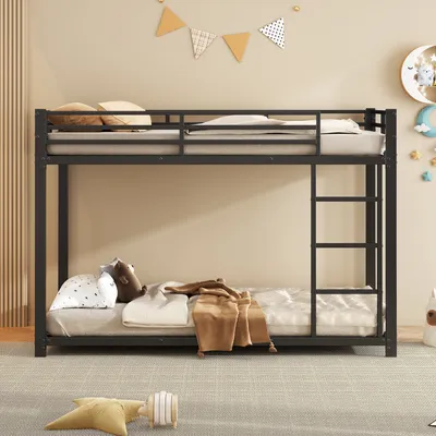 Image de Flieks Lit superposé 90x200cm avec protection contre les chutes, lit d'enfant avec sommier à lattes, lit surélevé avec échelle, lit métallique au sol Lit superposé 2 enfants, métal, noir