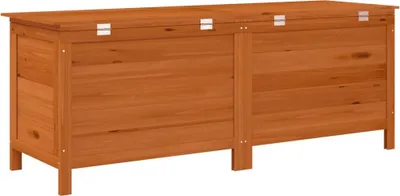 A long, wooden storage chest with a divided lid, shown from the front against a white background.