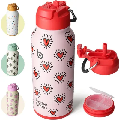 Produktbild von Edelstahl Trinkflasche 1L mit Strohhalm & Pillenfach – Auslaufsicher, doppelwandig, BPA-frei