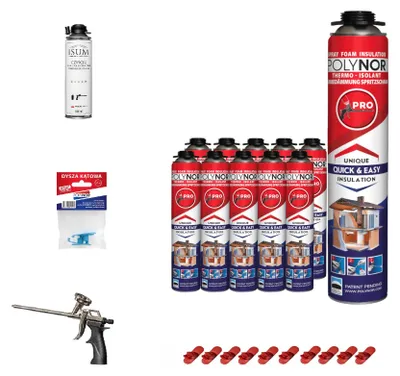 Produktbild von POLYNOR PUR-Wärmedämmung in der Dose PRO - Komplettset mit 24 Teilen - 10 Schaumstoffe - Schaumpistole - Sprühbare Wärmedämmung - Dämmung von Wänden, Dächern, Decken, Rohren - Aerosol 750 ml