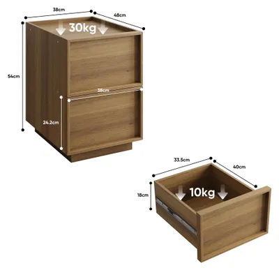 Produktbild von Nachttisch 38 x 48 x 50 cm aus Eiche, 2 grifflose Schubladen, Kippschutz, Metallschienen, Eichenoptik