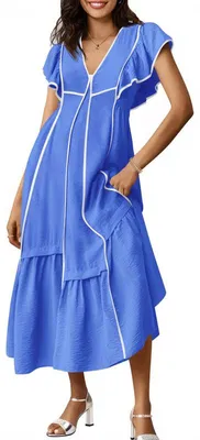 Produktbild von Langes Damenkleid, V-Ausschnitt, Rüschenärmel, farblich abgesetztes Design